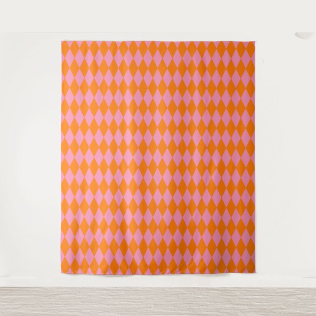Orange and Pink Harlequin Checkered Design  Tapestry (Front)
