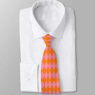 Orange and Pink Harlequin Checkered Design  Tie
