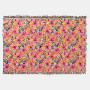Orange and Pink Hibiscus Flower with Green Leaves Throw Blanket