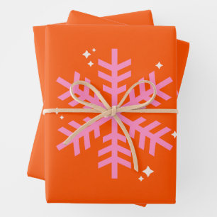 Orange and Pink Holiday Snowflake Christmas Wrapping Paper Sheet