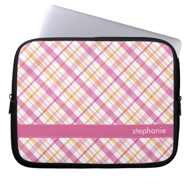 Orange and Pink Plaid Pattern Laptop Sleeve (Front)