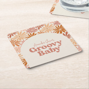 Orange and Pink Retro Floral Groovy Baby Shower Square Paper Coaster