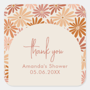 Orange and Pink Retro Floral Groovy Baby Shower Square Sticker