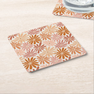 Orange and Pink Retro Floral Groovy Square Paper Coaster