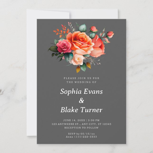 Orange and Pink Roses Grey Floral Wedding Invitation (Front)