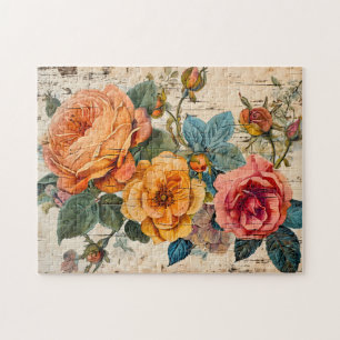 Orange and Pink Roses on Rustic Wood Jigsaw Puzzle