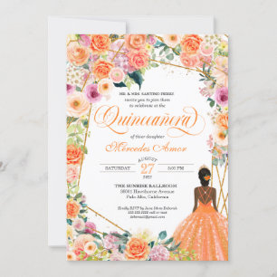 Orange and Pink Roses Peach Floral Quinceanera Invitation