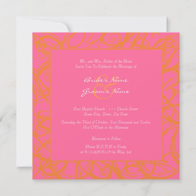 Orange and Pink Sketchy Frame Wedding Invitation (Front)