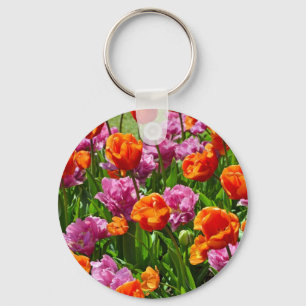 Orange and pink spring tulip garden key ring