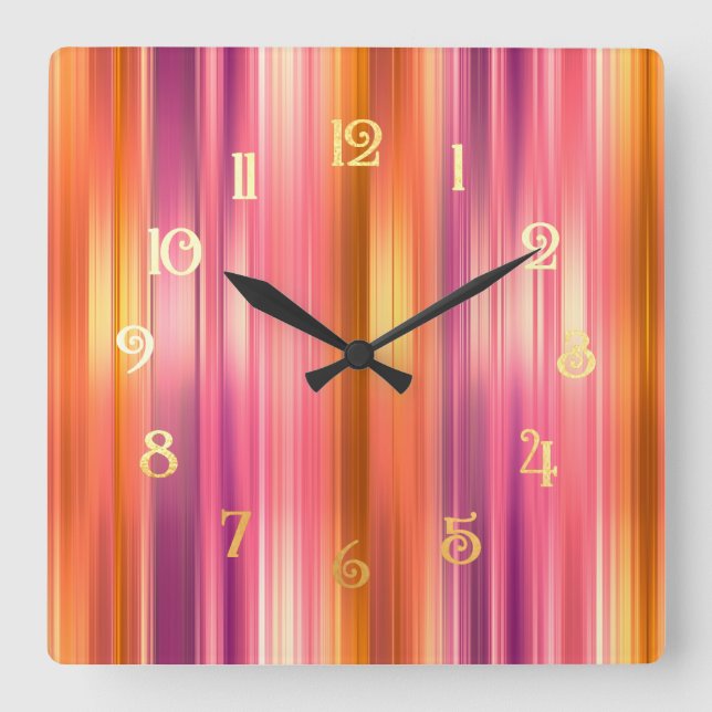 Orange and Pink Stripes Square Wall Clock (Front)