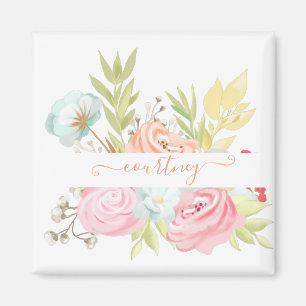 Orange and pink watercolor floral personalised magnet