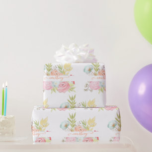 Orange and pink watercolor floral personalised w wrapping paper