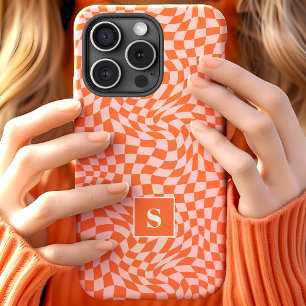 Orange And Pink Wavy Chequered Monogrammed iPhone 15 Case