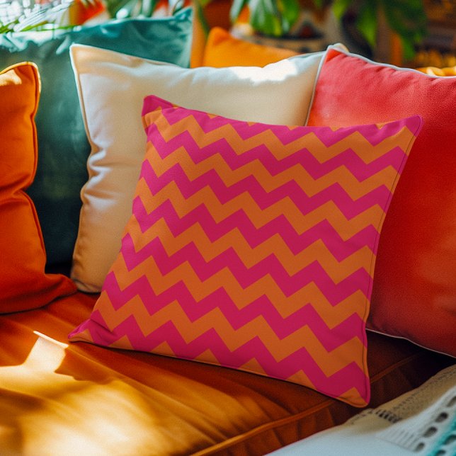 Orange and Pink Zigzag Cushion (Orange and Pink Zigzag Throw Pillow)