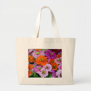 Orange and purple dahlia flowers large tote bag