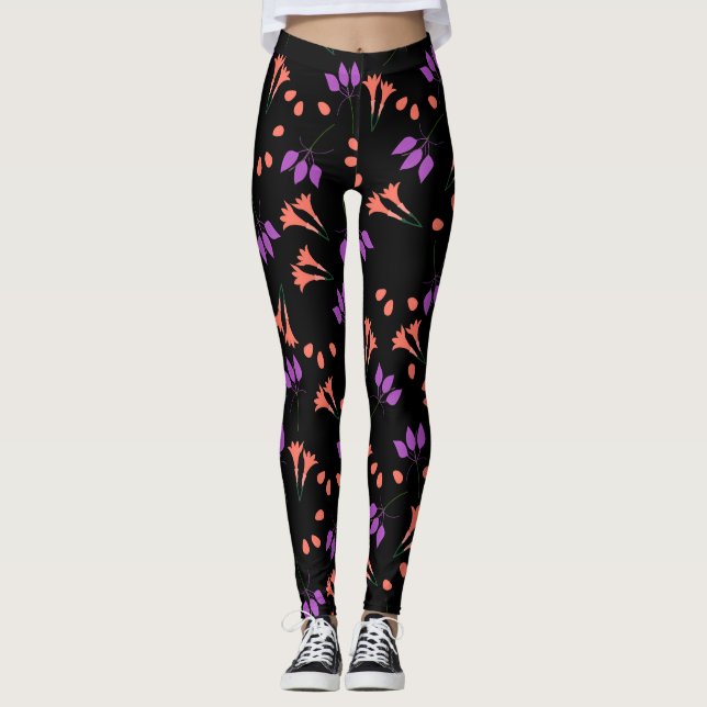 Orange and purple floral pattern on black leggings (Front)
