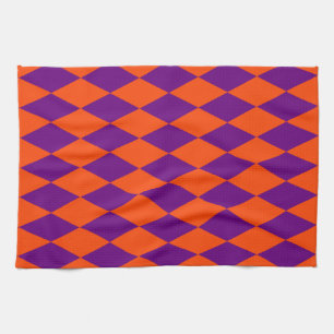 Orange and Purple Harlequin Checkered Design Tea Towel