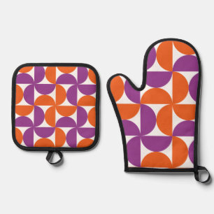 Orange and Purple Mid Century Modern Pattern Oven Mitt & Pot Holder Set