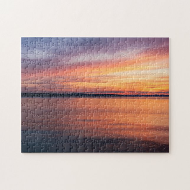 Orange And Purple Sunset Clouds Over Lake Water Jigsaw Puzzle (Horizontal)
