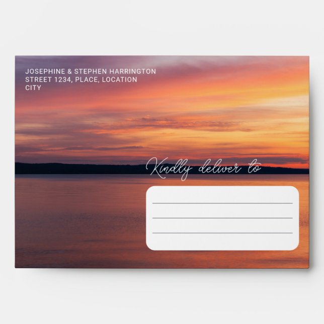 Orange And Purple Sunset Over Lake Custom Wedding Envelope (Front)