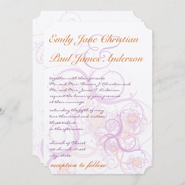 Orange and Purple Swirls and Hearts  Wedding Invitation (Front/Back)
