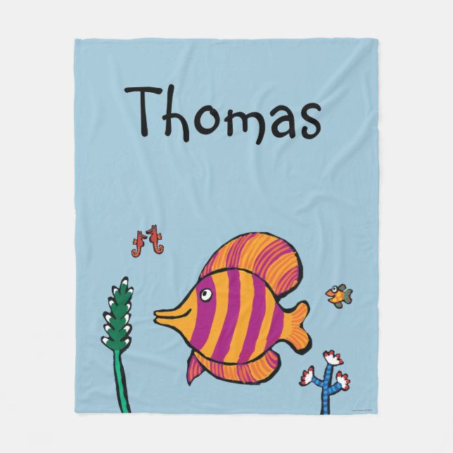 Orange and Purple Tropical Fish with Seahorses Fleece Blanket (Front)