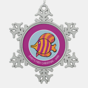 Orange and Purple Tropical Fish with Seahorses Snowflake Pewter Christmas Ornament