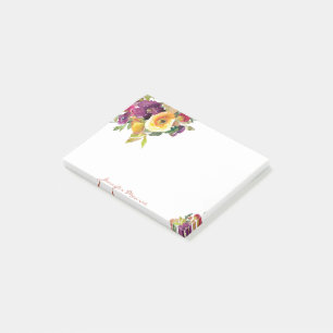 Orange and purple watercolor flowers personalised post-it notes
