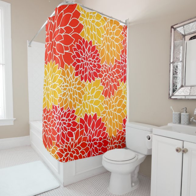 orange and red dahlias  shower curtain (In Situ)