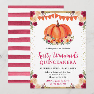 Orange and Red Floral Pumpkin Fall Quinceanera Invitation