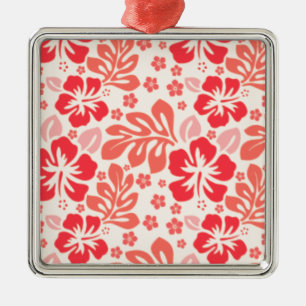 Orange and red hibiscus pattern - Hawaii! Metal Ornament