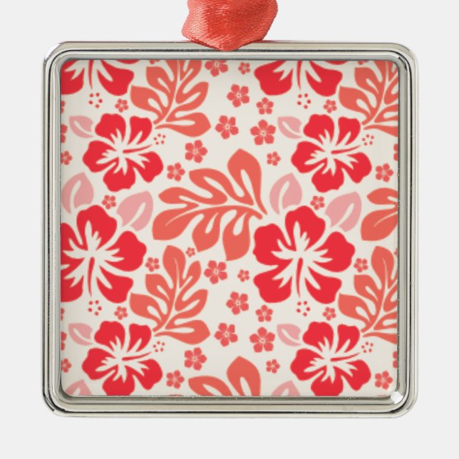 Orange and red hibiscus pattern - Hawaii! Metal Ornament (Front)