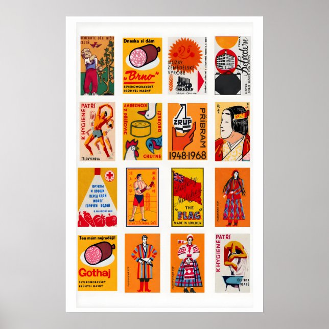 Orange and Red Matchbox Label Collage, warm Poster (Front)