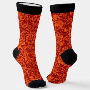 Orange and red vintage floral damask pattern socks