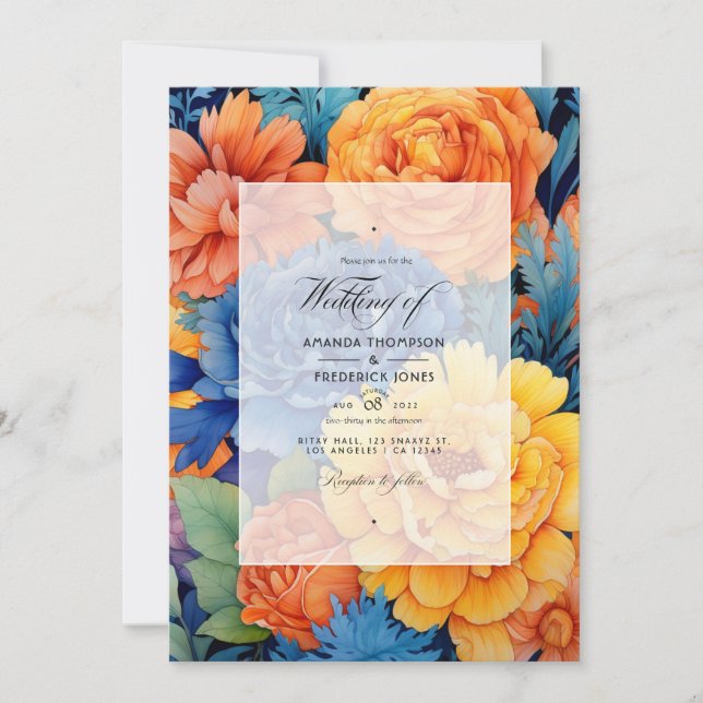 Orange and Royal Blue Floral Wedding Invitation (Front)