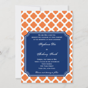 Orange and Royal Blue Quatrefoil Wedding Invitation