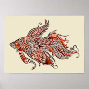 Orange and Rust Swirly Fantail Goldfish Poster
