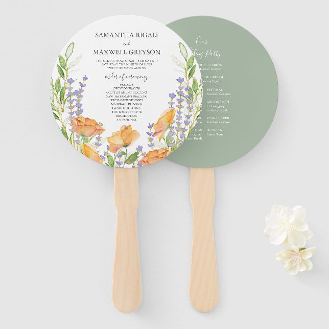 Orange and Sage Green Floral Wedding Program Fan (Front and Back)