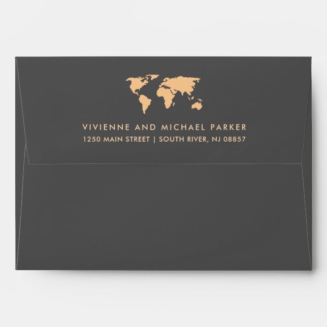 Orange and Smoky Grey | World Map Wedding Envelope (Back (Top Flap))