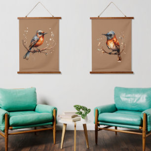 Orange and Tan Abstract Robin Couple Hanging Tapestry