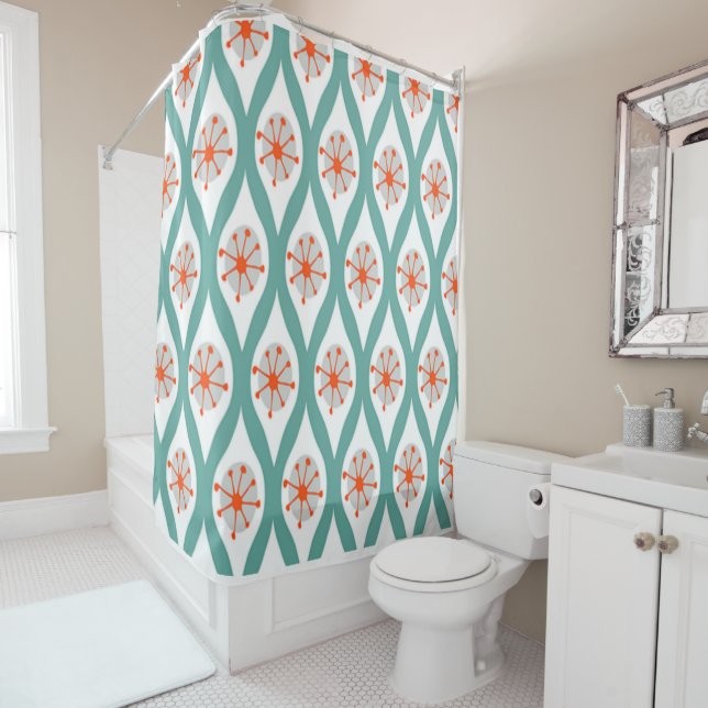 Orange and Teal Abstract Shower Curtain (In Situ)