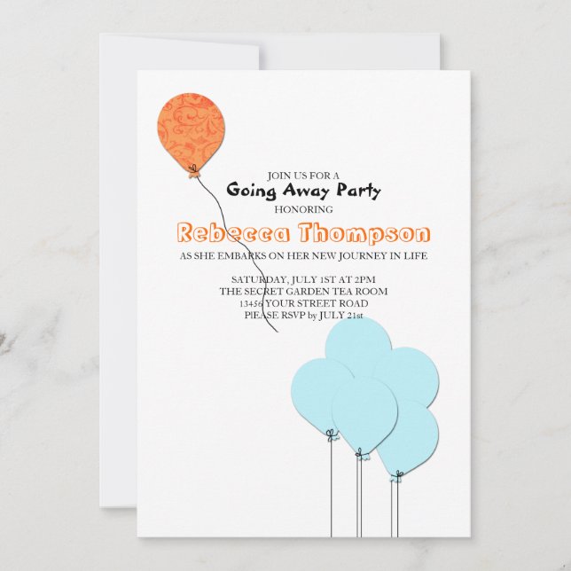 Orange and Teal Blue Balloons Going Away Party Invitation (Front)