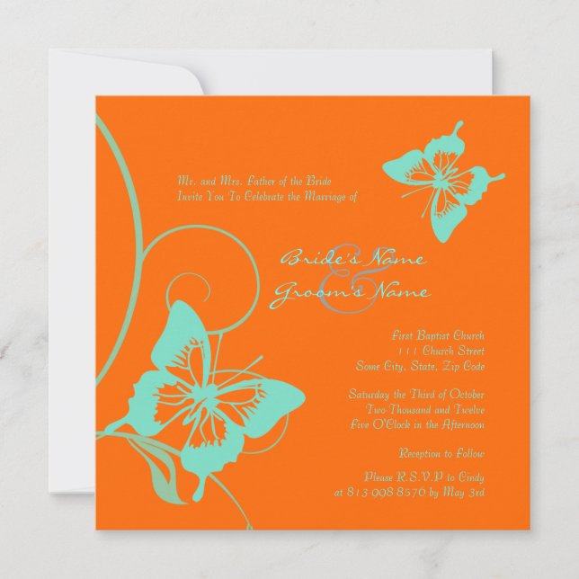 Orange and Teal Butterfly Wedding Invitation (Front)