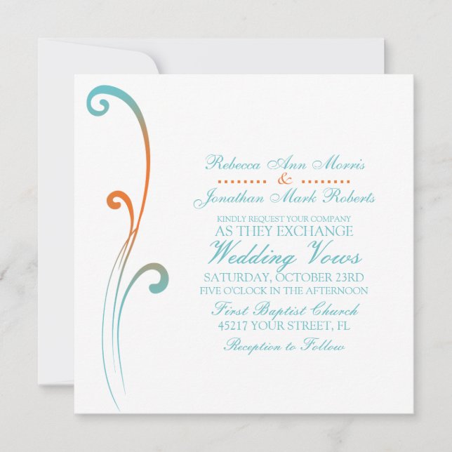 Orange and Teal Faded Flourish Wedding Invitation (Front)