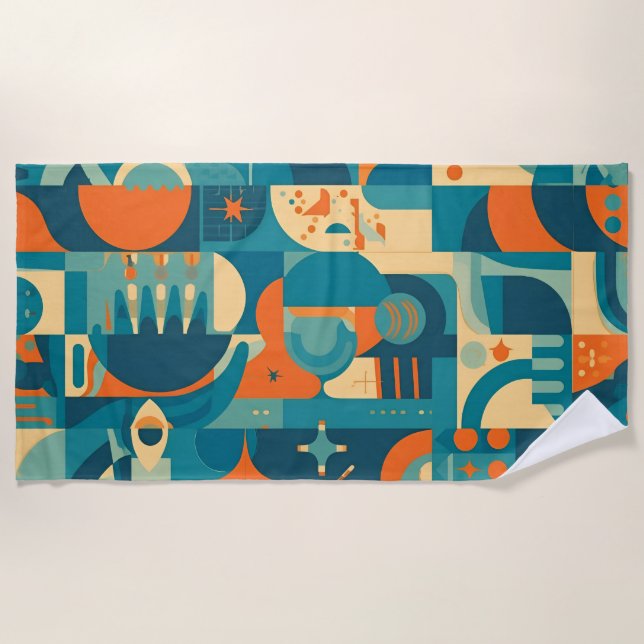 Orange and Teal Geometric Abstract Beach Towel (Front)