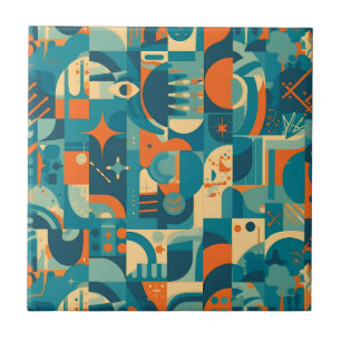 Orange and Teal Geometric Abstract Ceramic Tile