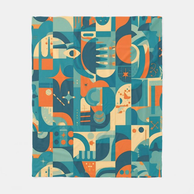 Orange and Teal Geometric Abstract Fleece Blanket (Front)