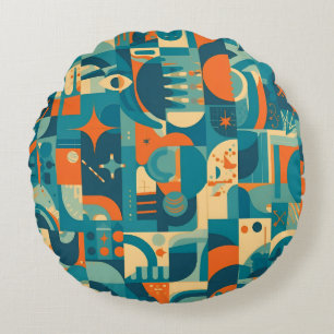 Orange and Teal Geometric Abstract Round Cushion