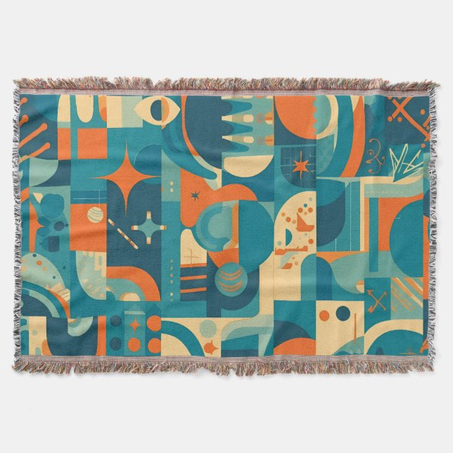 Orange and Teal Geometric Abstract Throw Blanket (Front)