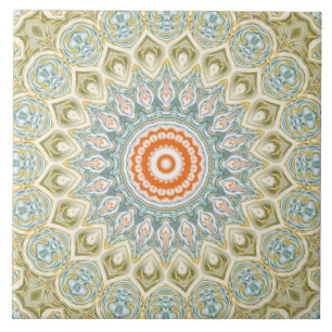 Orange and Teal Mandala Pattern with Gold Accents Ceramic Tile